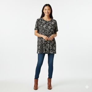 J.Jill Blouse Black Floral Pattern Short Top Sz XL